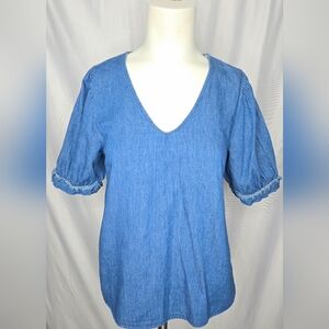 Draper James by Reese Witherspoon Chambray Puff Sleeve V-Neck Top Size XS